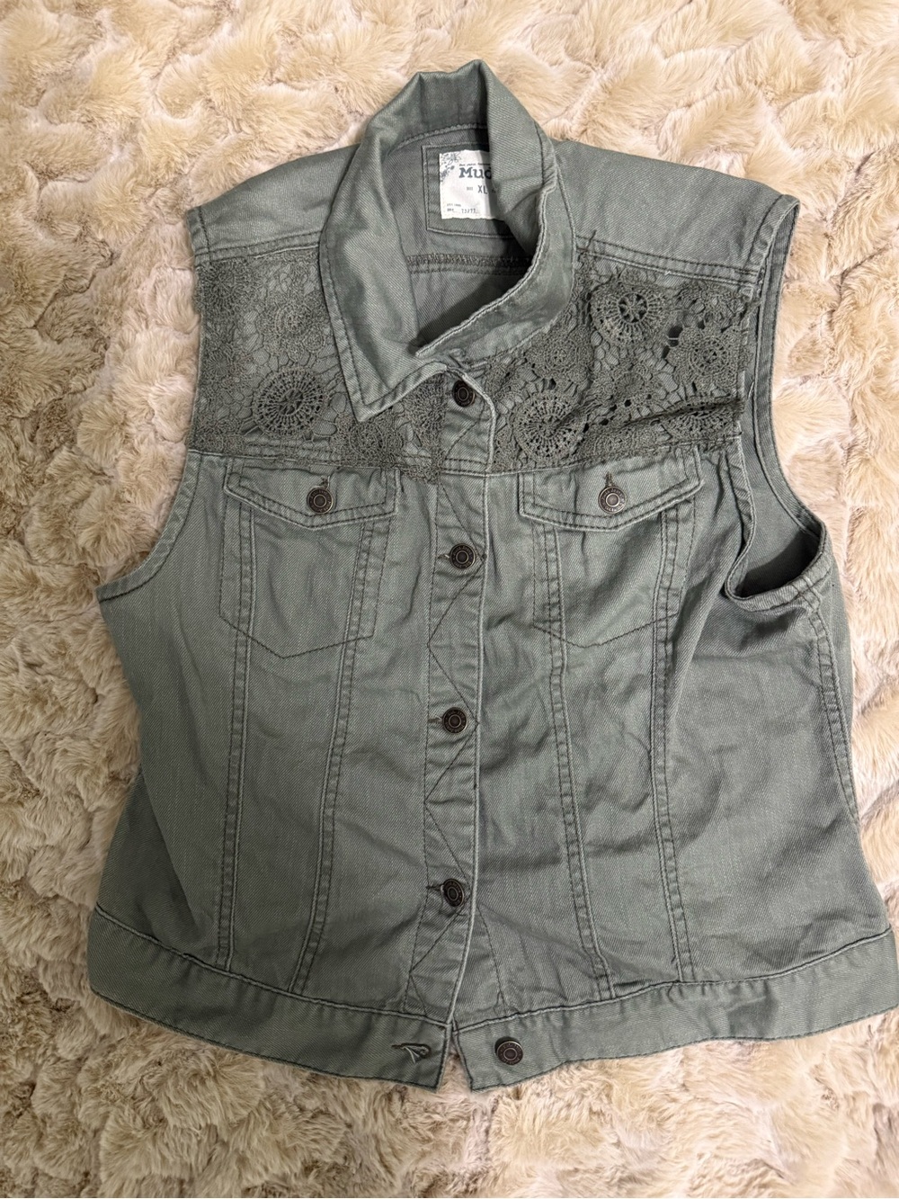 Mudd Sage Green Crochet Yoke Sleeveless Denim Vest